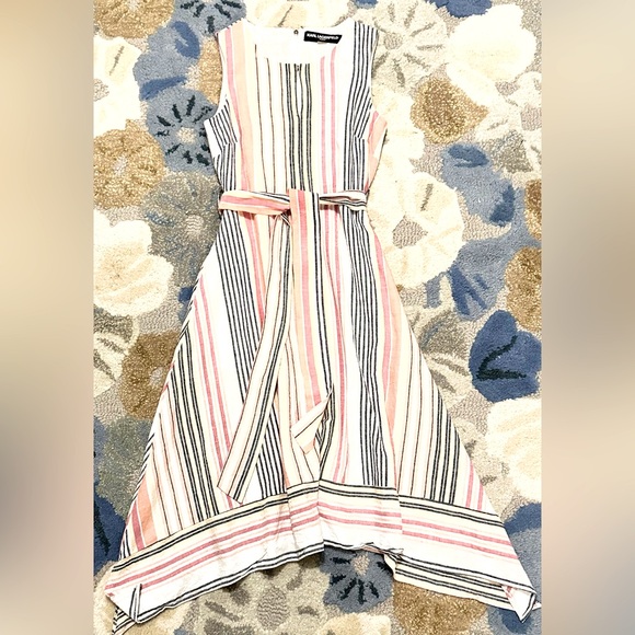 Karl Lagerfeld Paris Sleeveless Striped Asymmetric Handkerchief Midi Dress - Picture 3 of 12